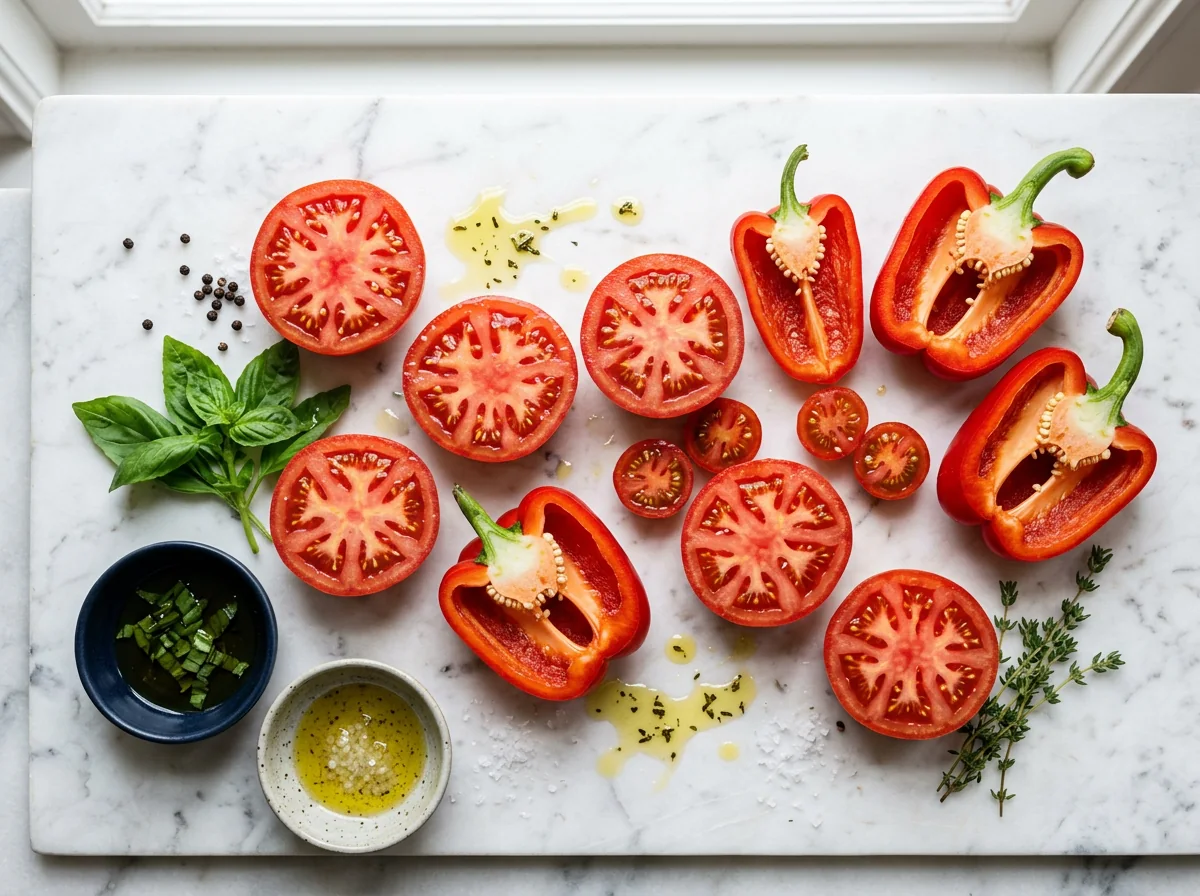 Ripe red tomatoes and red peppers on white marble - lycopene-rich produce