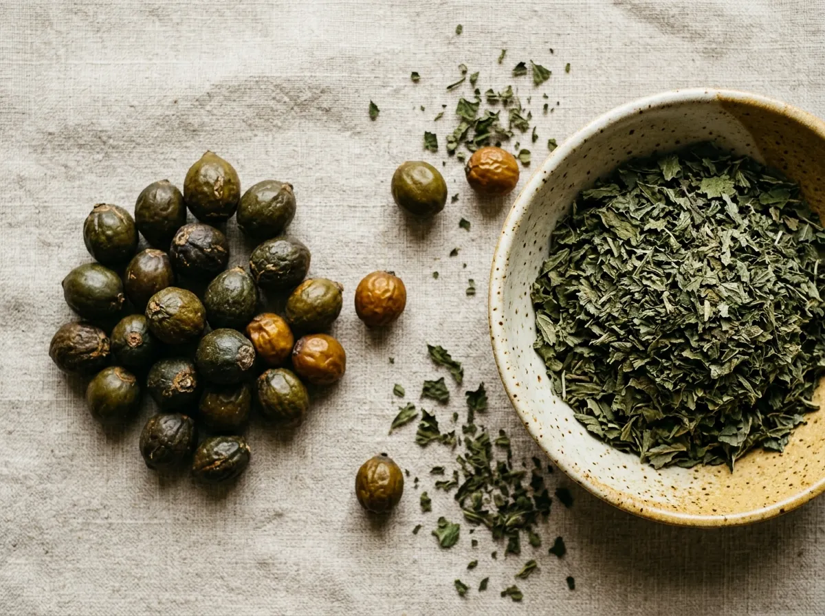 Saw palmetto berries and dried nettle leaves on linen surface