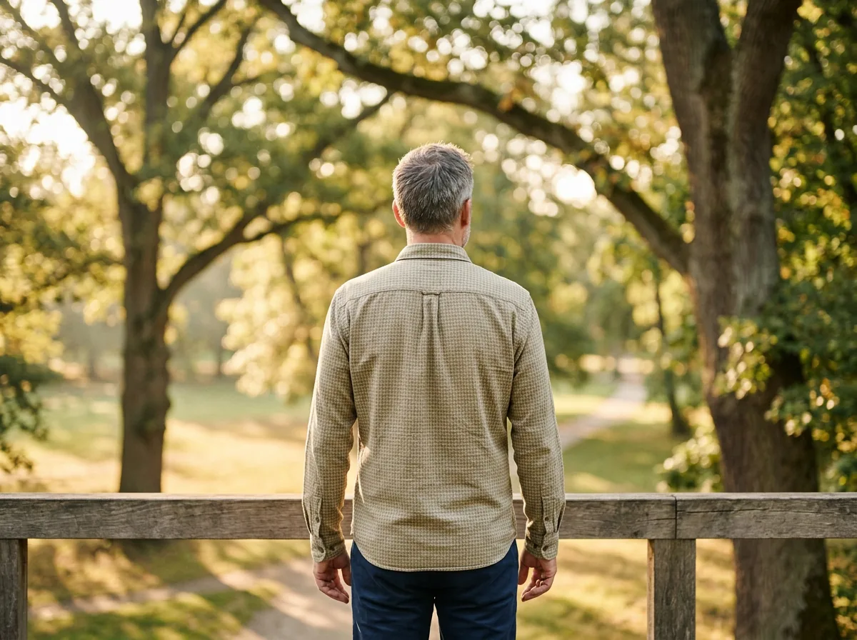 Man standing outdoors in morning light, facing away, relaxed posture