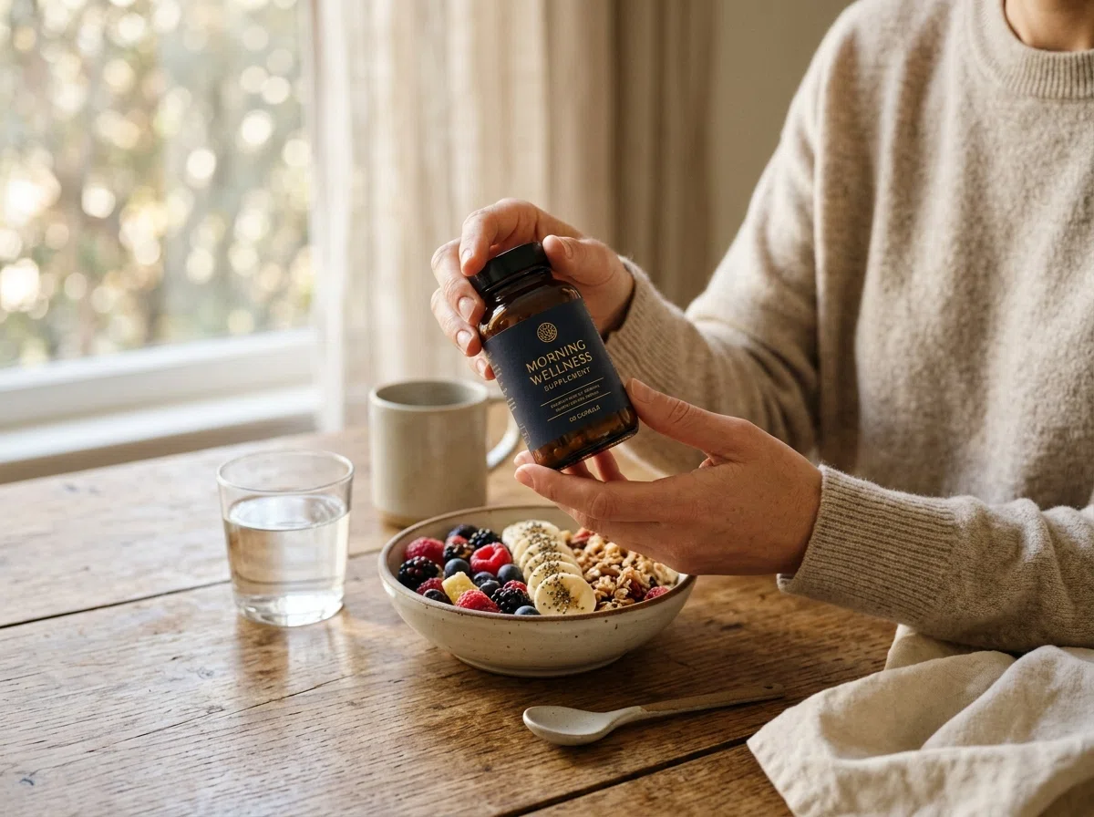 Hands holding a supplement bottle at a morning breakfast table with fruit
