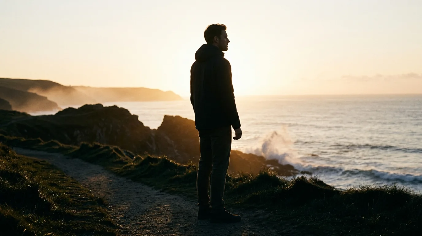 Anonymous man silhouette standing on coastal path at sunrise