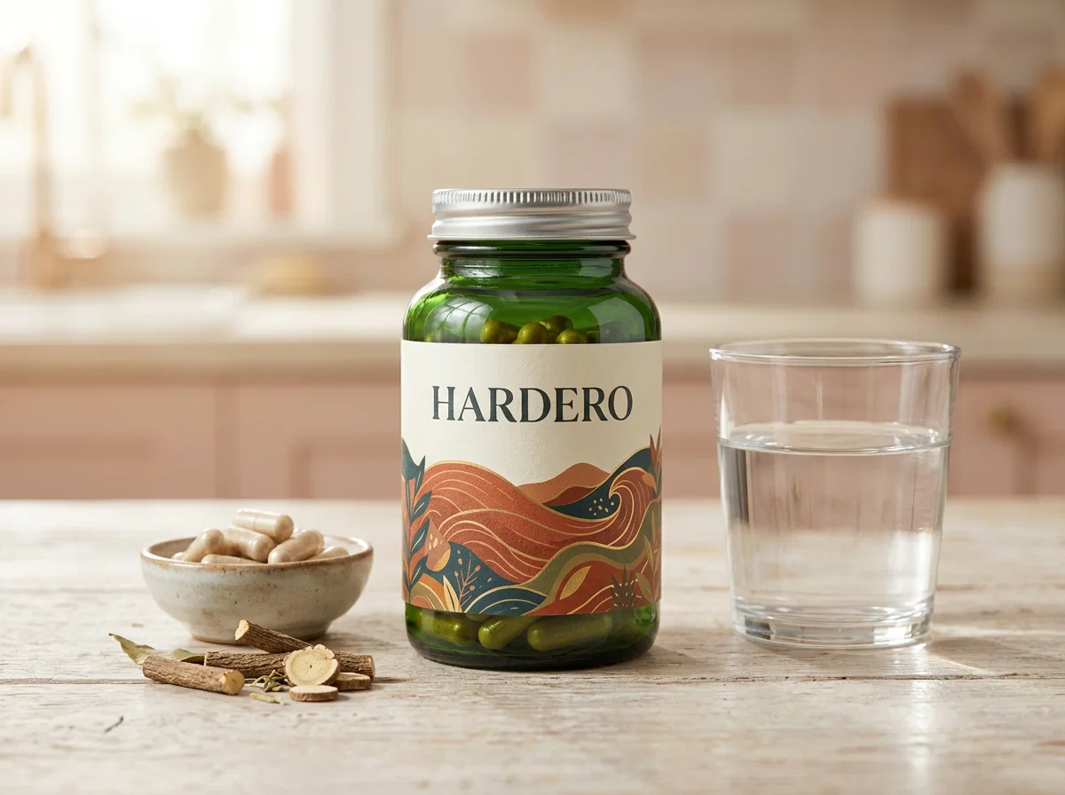 Hardero bottle on wooden surface beside saw palmetto berries and nettle leaves