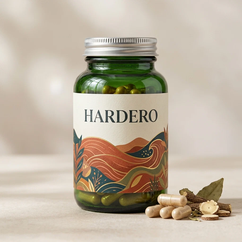 Hardero men's wellness supplement bottle, dark amber glass with gold emblem label